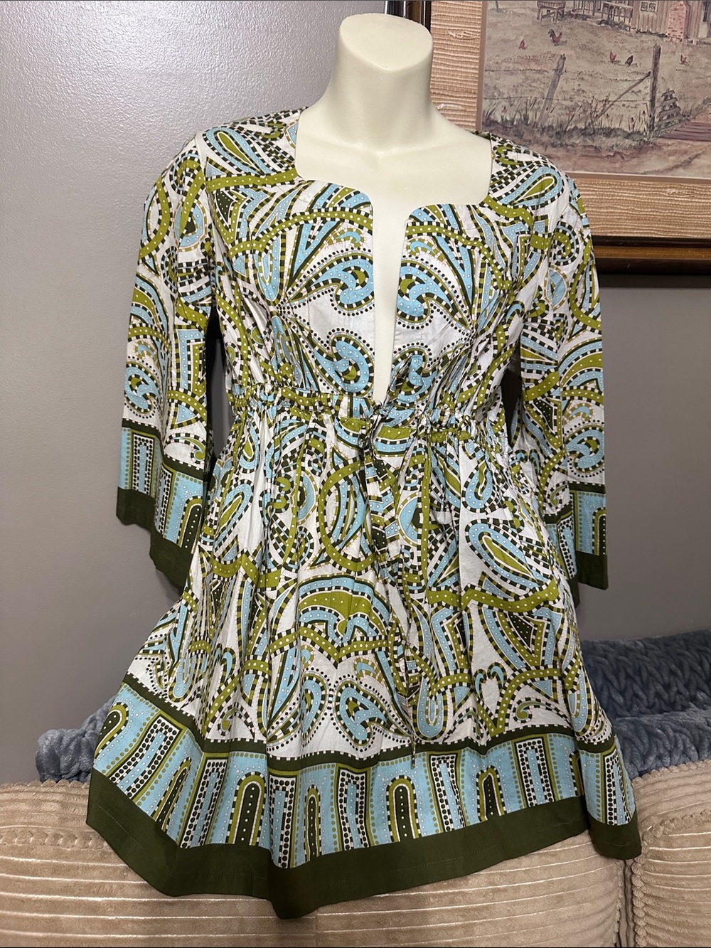 J. Crew Olive Green & Light Blue Paisley Print Empire-Waist Top